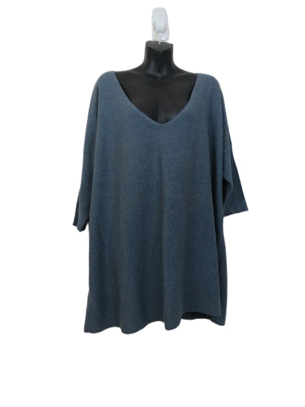 Eileen Fisher size XL Organic Cotton V Neck Tunic Top Knit Gray Blue Lagenlook